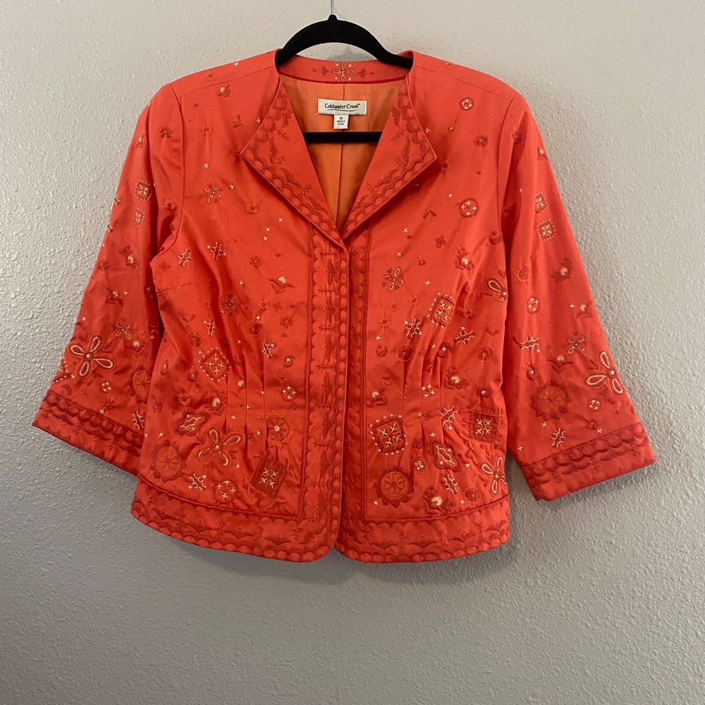 Orange Embroidered Jacket Size 10 Boho Chic Eclectic Bohemian Whimsical Artsy
